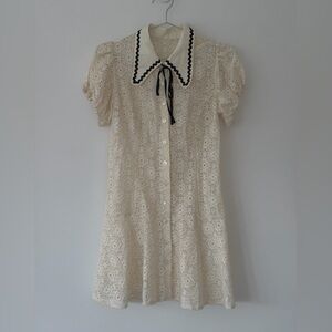 Lace A-Line Dress with Contrast Collar - Cream